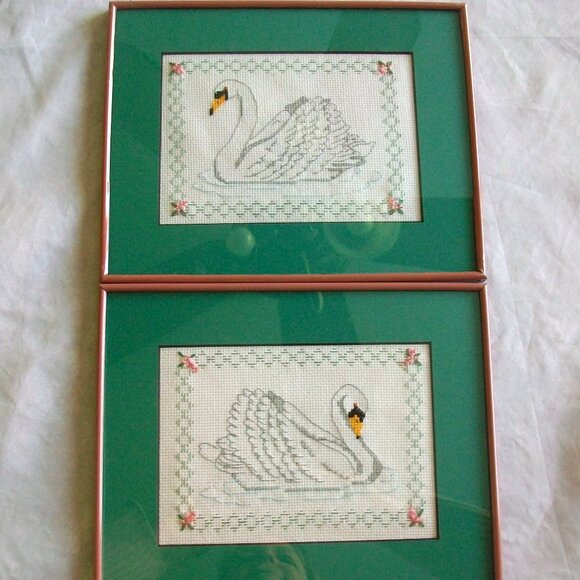 Pair Elegant Regal Swans Cross Stitch Framed Art Wall Decor 8.5" x 10.5" - Picture 1 of 8
